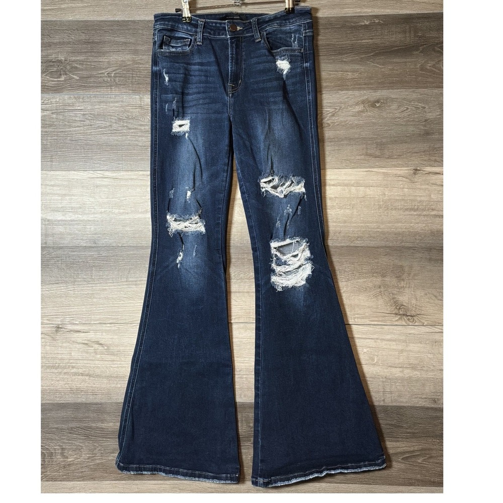 Flying Monkey Womens 29 Mid Rise Super Flare Jeans Distressed Dark Wash Y2K